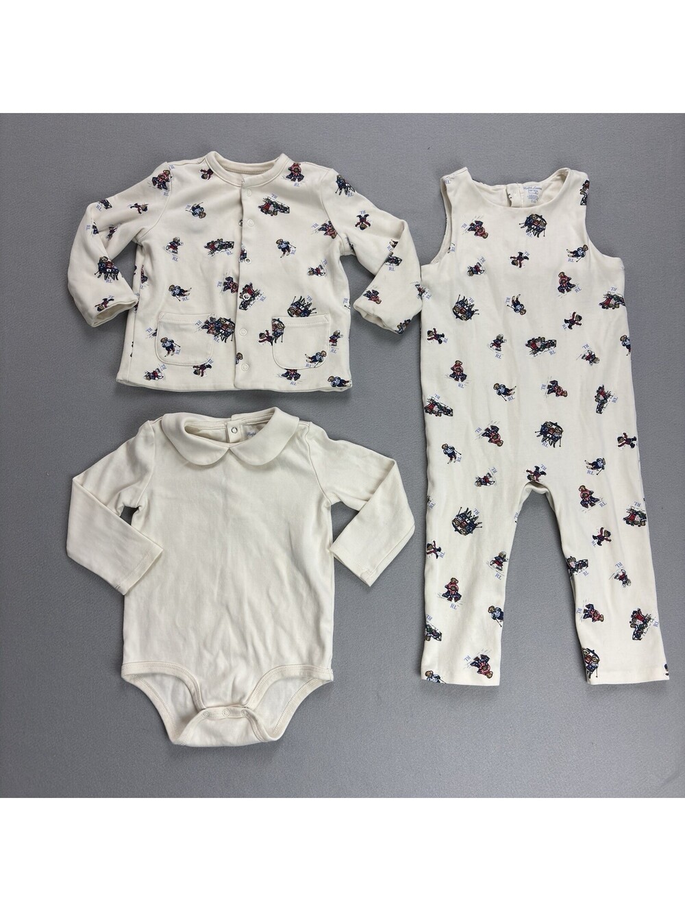 Ralph Lauren 18M Infant 3 Piece Set Off White Snow Activity Ski Bears Rompers